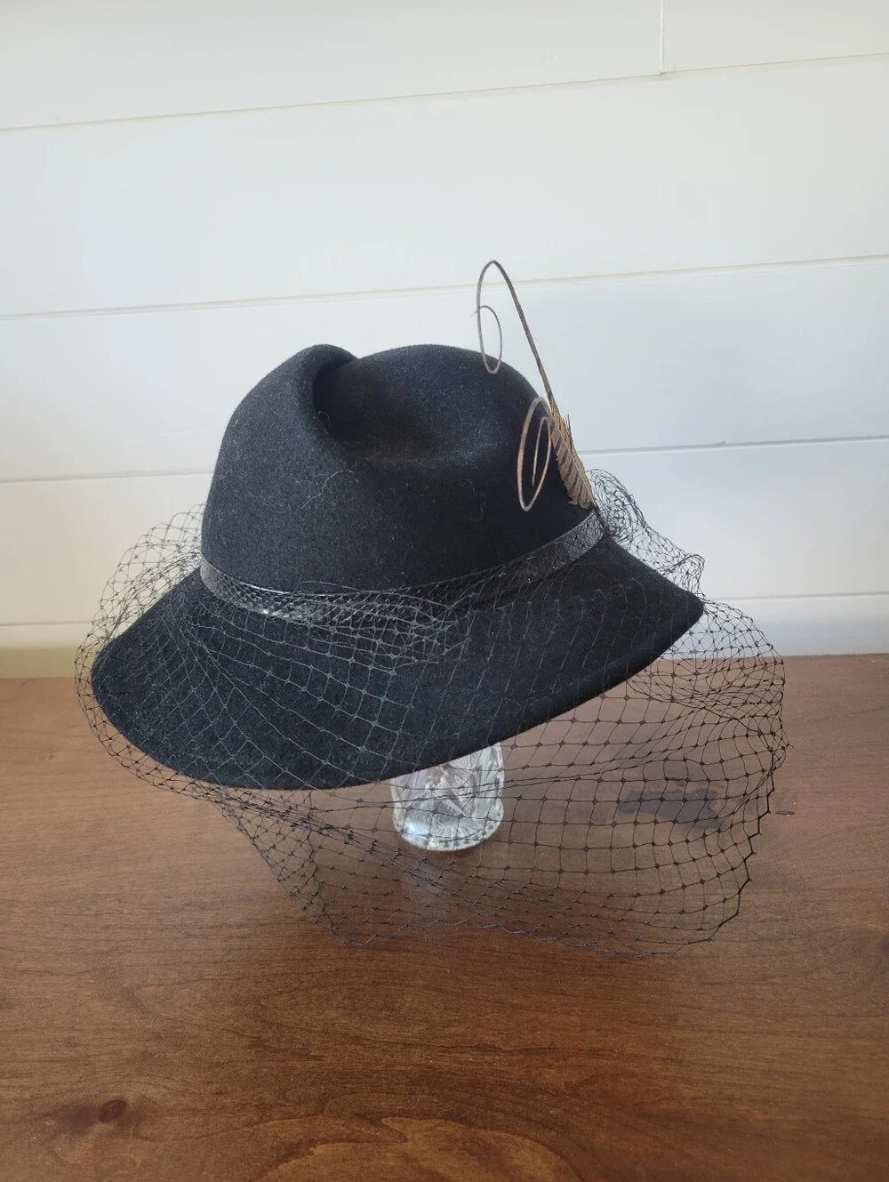 Vtg Adolfo II New York Paris Black Wool Felt Cocktail Hat Birdcage Veil Feather